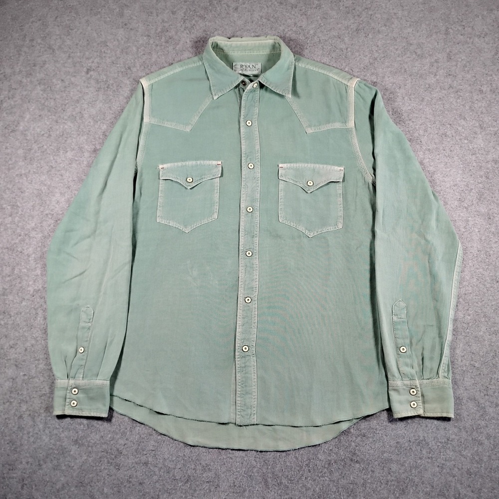 Ryan Michael Western Pearl Snap Shirt Mens Medium Mint Green Silk Cotton